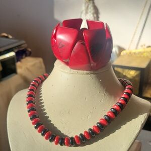 Red and Black Beaded Necklace and Bracelet Set